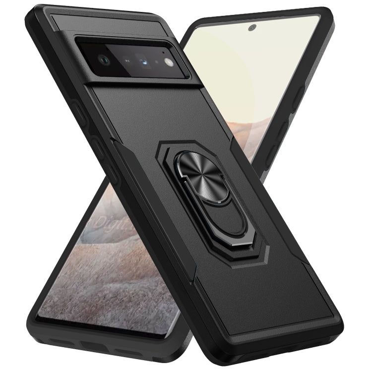 Heavy-duty phone case with ring holder, black with charcoal edges