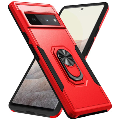 Heavy-duty phone case with ring holder, red with black edges