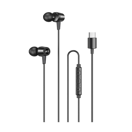 Black wired in-ear earbuds with inline controller and Type-C connector cable