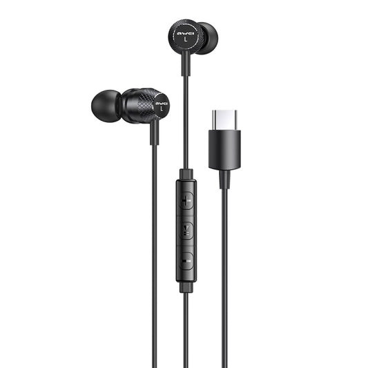 Black wired in-ear earphones with USB-C plug and inline control buttons