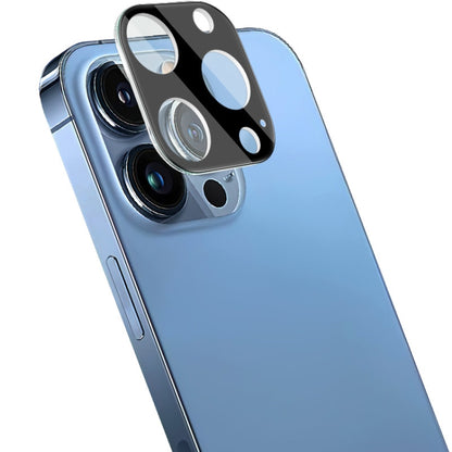 Black integrated rear camera lens tempered glass film with lens cap on blue phone back