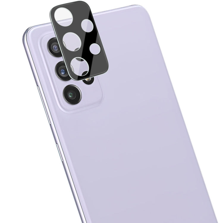Black integrated rear camera lens tempered glass film with lens cap on light purple phone back