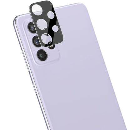 Black integrated rear camera lens tempered glass film with lens cap on light purple phone back
