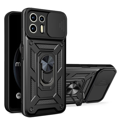 Black rugged phone case with sliding camera cover and ring kickstand