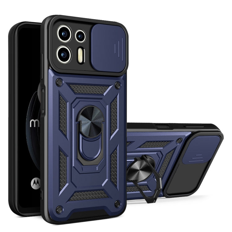 Blue rugged phone case with sliding camera cover and ring grip