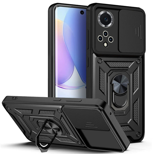 Black rugged phone case with sliding camera cover and built-in kickstand ring