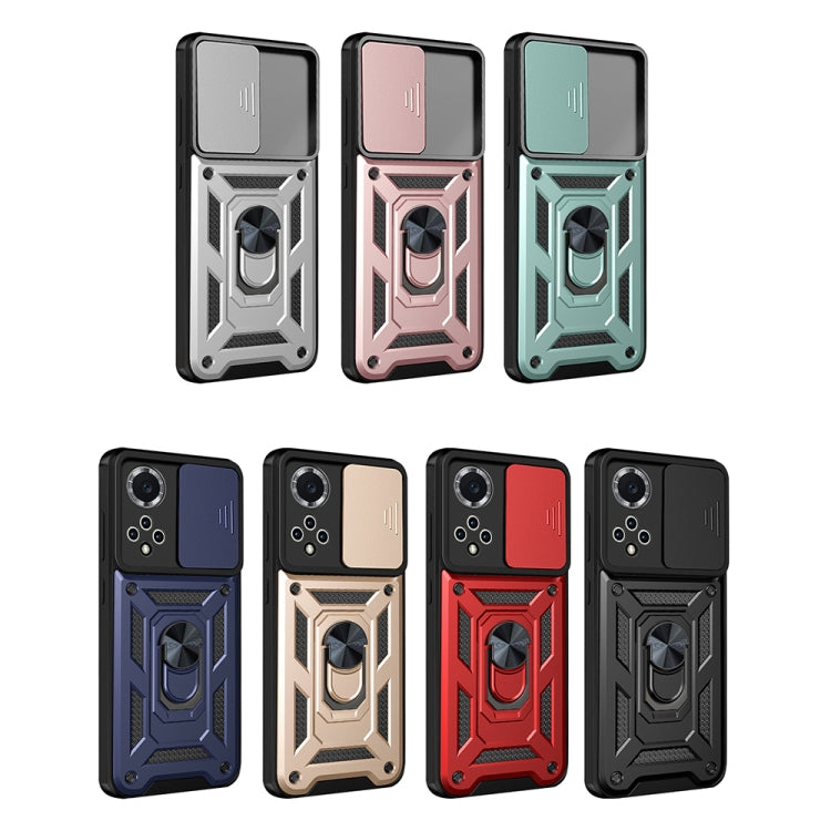 Rugged phone cases in black, blue, and silver with sliding camera cover