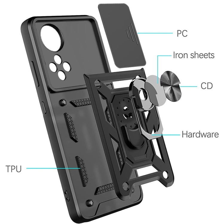 Black TPU phone case with sliding camera cover window and armor-style ring stand
