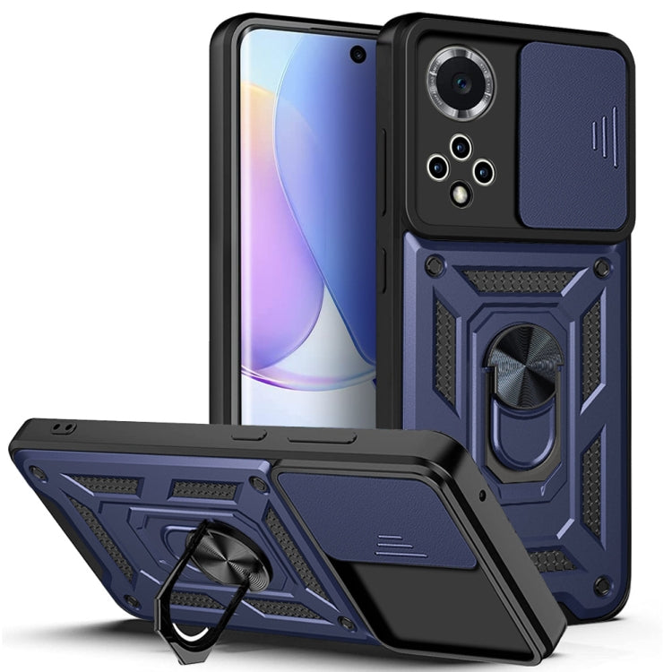 Blue rugged phone case with sliding camera cover and kickstand ring
