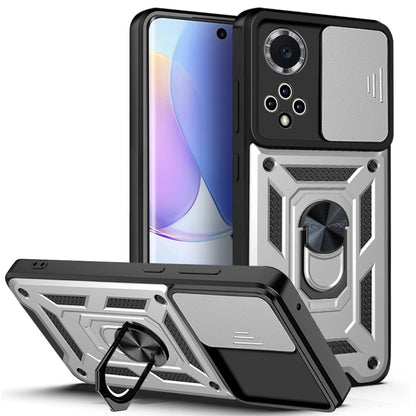 Silver rugged phone case with sliding camera cover and kickstand ring