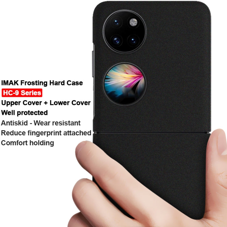 Black frosted hard phone case for Huawei P50 Pocket held in hand, camera opening visible