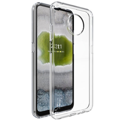 Clear transparent TPU phone case with camera ring cutout and raised screen edges