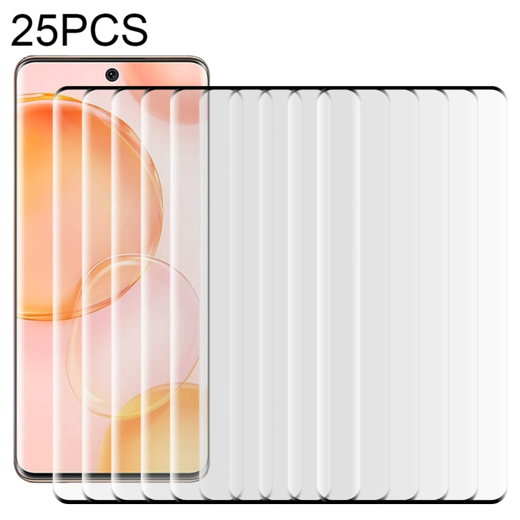Pack of multiple clear tempered glass screen protectors with curved edges