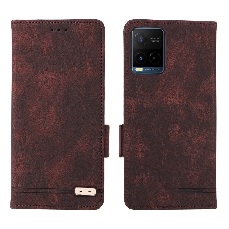 Brown leather phone case, front and back views with magnetic clasp tab
