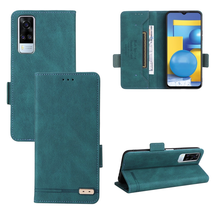 Teal leather phone case with magnetic clasp and kickstand viewing angle