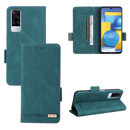 Teal leather phone case with magnetic clasp and kickstand viewing angle