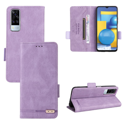 Purple leather folio phone case with magnetic clasp, card slots, and stand