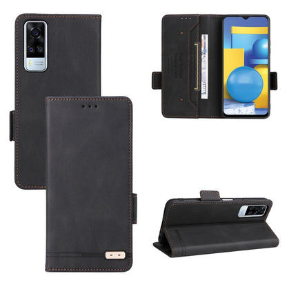 Dark gray leather folio phone case with magnetic clasp, card slots, and stand