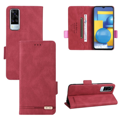 Red leather folio phone case with magnetic clasp, card slots, and stand