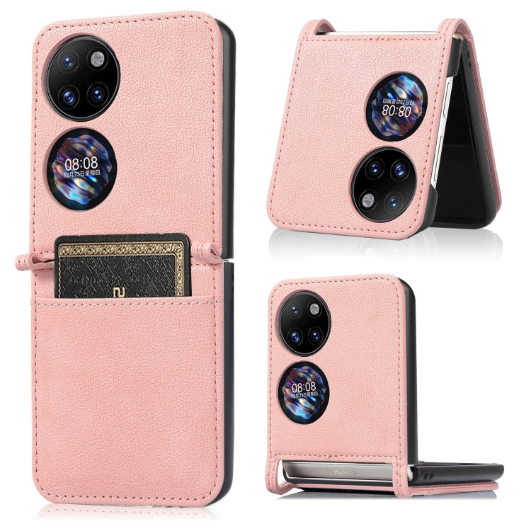Pink lambskin card-folding phone case for Huawei P50 Pocket, front with card slot
