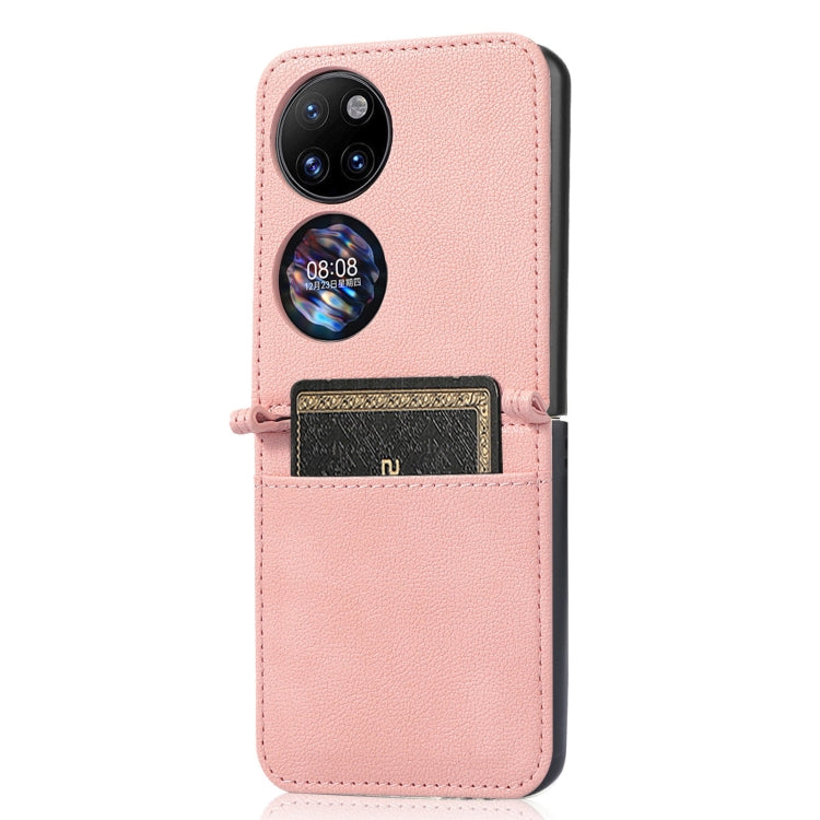 Pink lambskin card-folding phone case for Huawei P50 Pocket, front view with card pocket