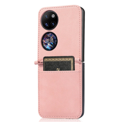 Pink lambskin card-folding phone case for Huawei P50 Pocket, front view with card pocket