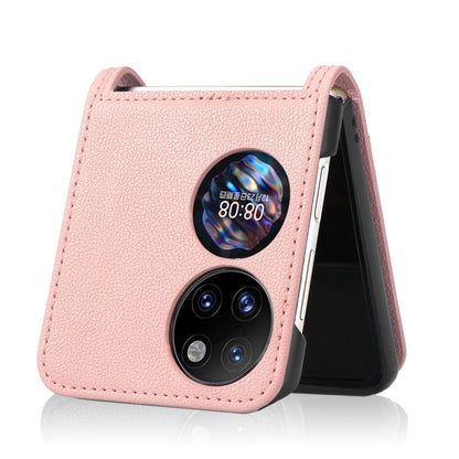 Pink lambskin card-folding phone case for Huawei P50 Pocket, side flip cover view