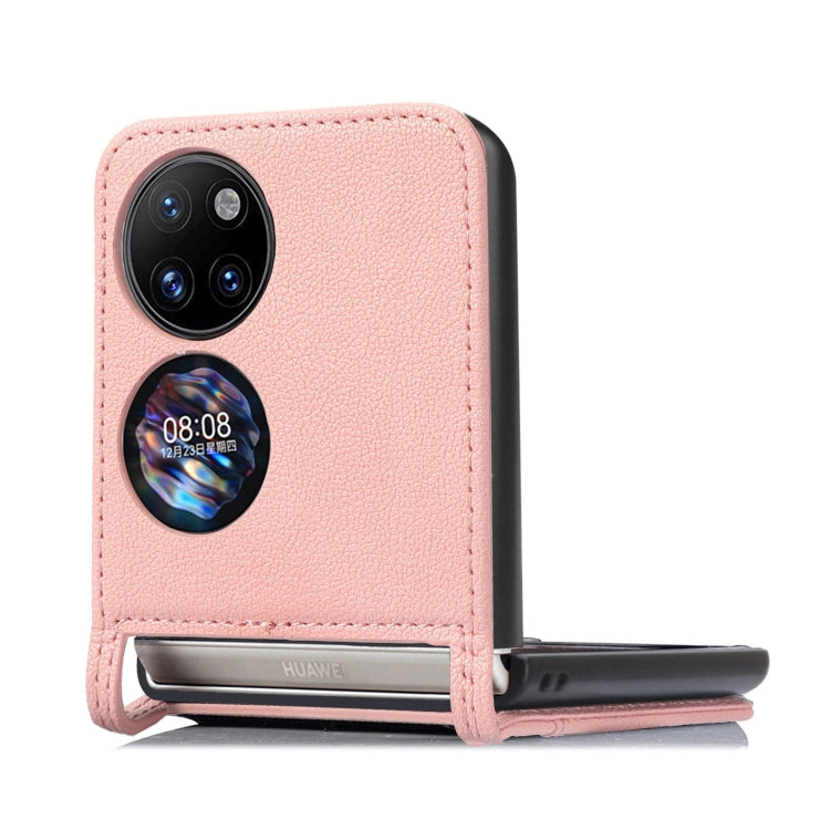 Pink lambskin card-folding phone case for Huawei P50 Pocket, kickstand side with card slot