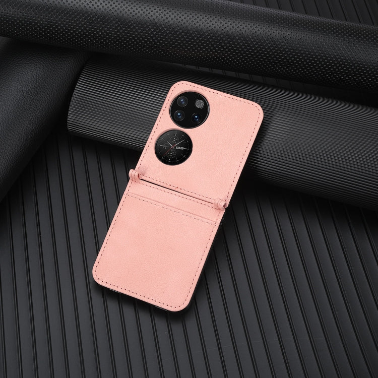 Pink lambskin card-folding phone case for Huawei P50 Pocket, front flap closed