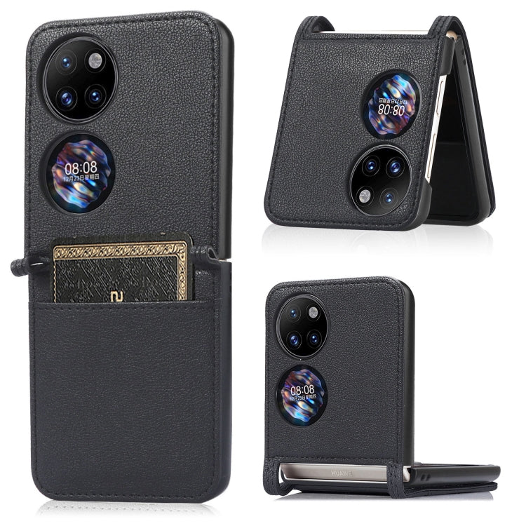 Black lambskin card-folding phone case for Huawei P50 Pocket, front with card slot