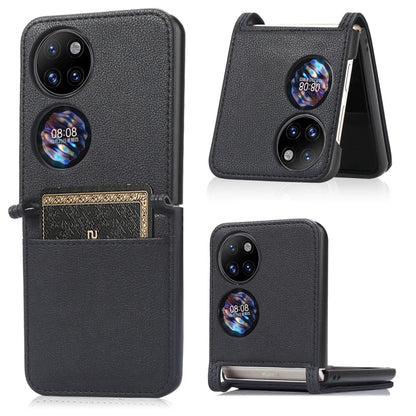 Black lambskin card-folding phone case for Huawei P50 Pocket, front with card slot