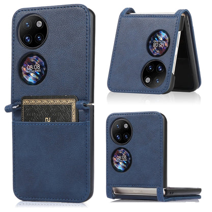 Blue lambskin card-folding phone case for Huawei P50 Pocket, front with card pocket