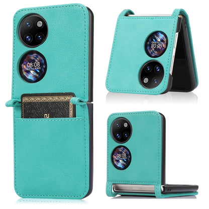 Teal lambskin card-folding phone case for Huawei P50 Pocket, front with card slot