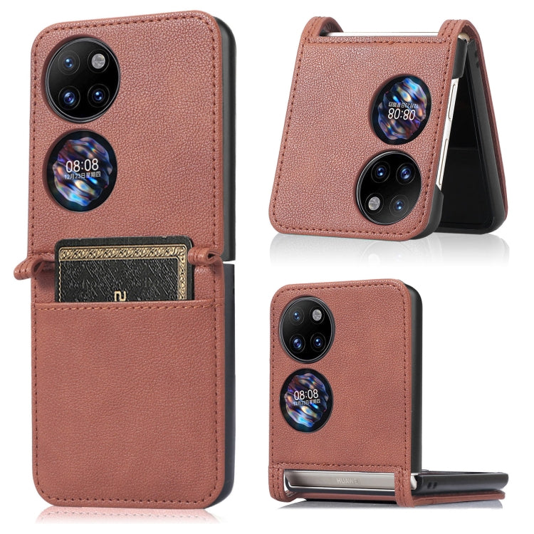 Brown lambskin card-folding phone case for Huawei P50 Pocket, front with card slot