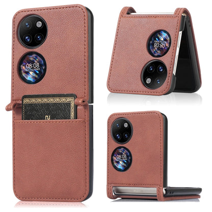 Brown lambskin card-folding phone case for Huawei P50 Pocket, front with card slot