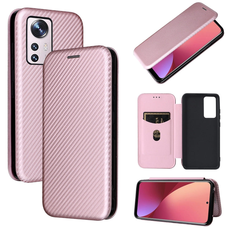Magnetic flip phone case for Xiaomi 12 Pro, pink carbon fiber texture PU with screen cover