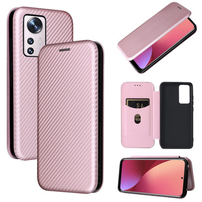 Magnetic flip phone case for Xiaomi 12 Pro, pink carbon fiber texture PU with screen cover