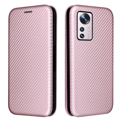Pink carbon fiber texture PU magnetic flip case for Xiaomi 12 Pro, side view