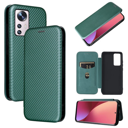 Magnetic flip phone case for Xiaomi 12 Pro, green carbon fiber texture PU with screen cover