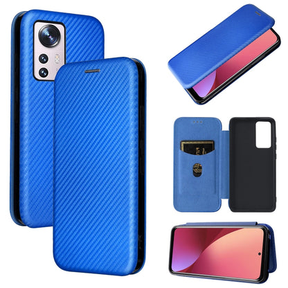 Magnetic flip phone case for Xiaomi 12 Pro, blue carbon fiber texture PU with screen cover