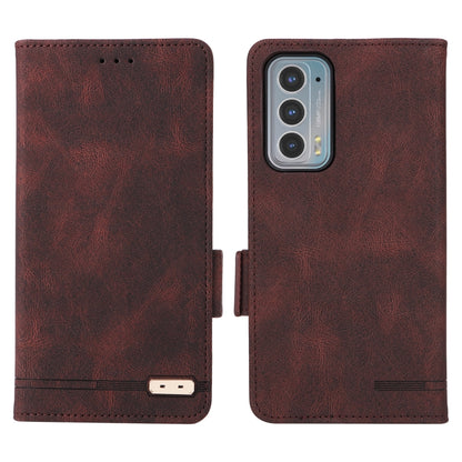 Brown leather wallet-style phone case, magnetic closure tab and stitched edges