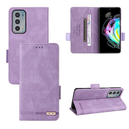 Purple magnetic clasp leather phone case with folio flap, card slot, and camera cutout