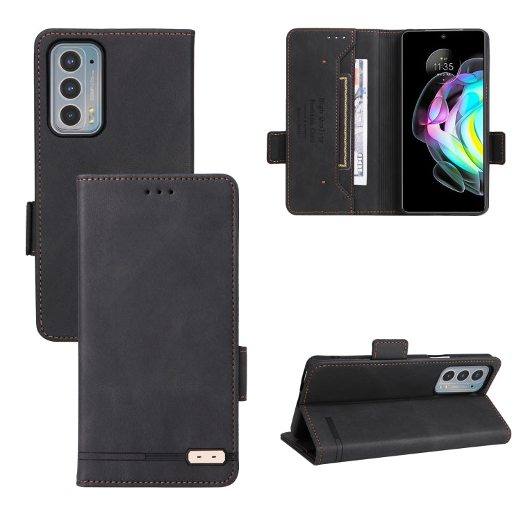 Black magnetic clasp leather phone case with folio cover, card slot, and kickstand