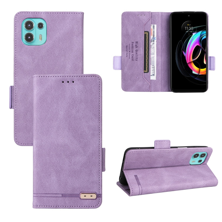Purple folio leather phone case with magnetic clasp, card holder, and stand for viewing
