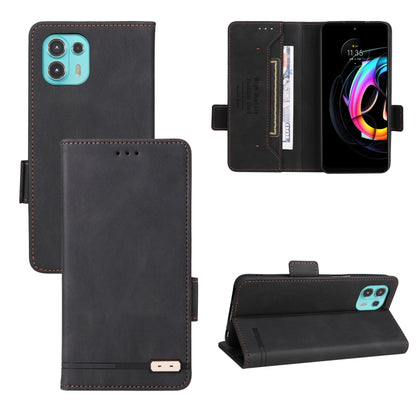 Magnetic clasp leather phone wallet case, dark gray with brown stitching and fold flap