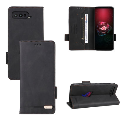 Magnetic clasp leather phone wallet case, black with brown stitching and front flap
