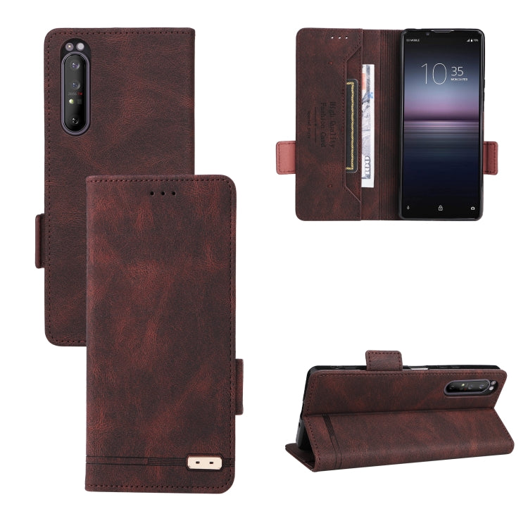 Brown magnetic clasp leather phone case with folio flap, card slot, and camera cutout