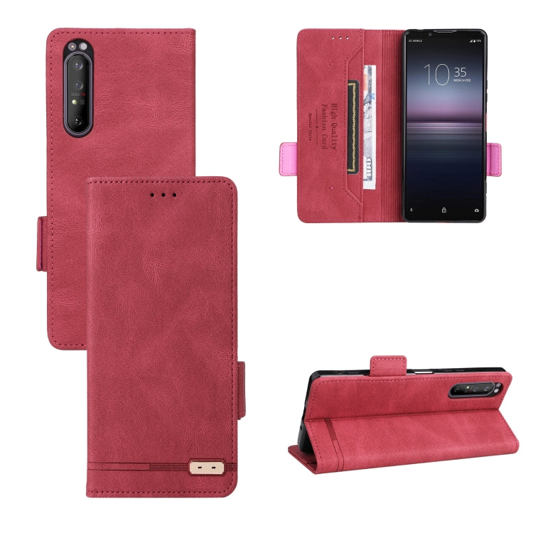 Magnetic clasp leather phone case in red with front flap and card slots