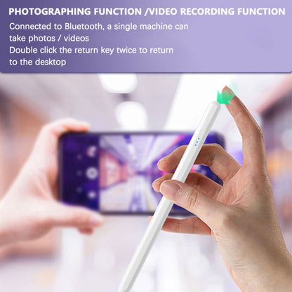 Universal active capacitive stylus pen held in hand above a tablet screen