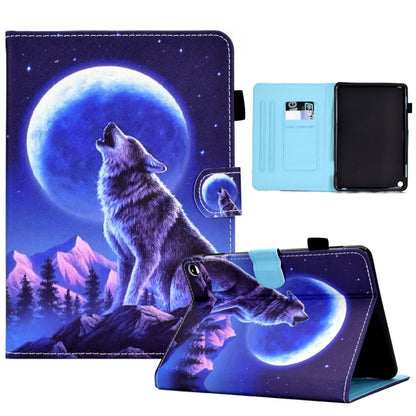 Leather tablet case with sewing pen slot, moonlit wolf artwork, folio stand and card slot